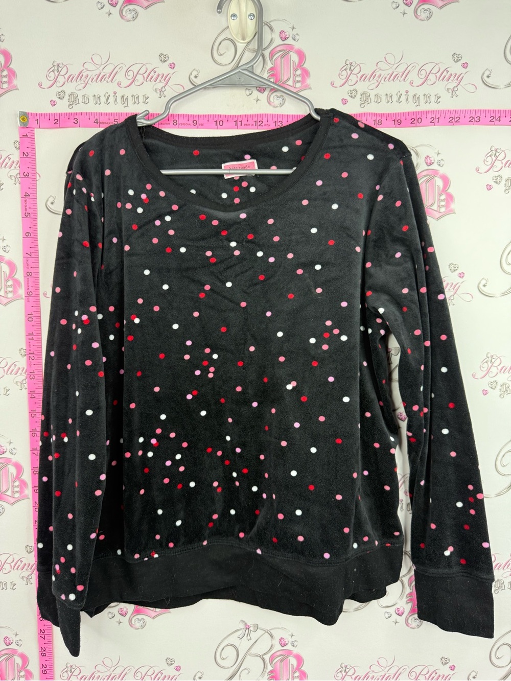 kate spade fleece Black Long-Sleeve Top with Pink, Red & White Polka Dots